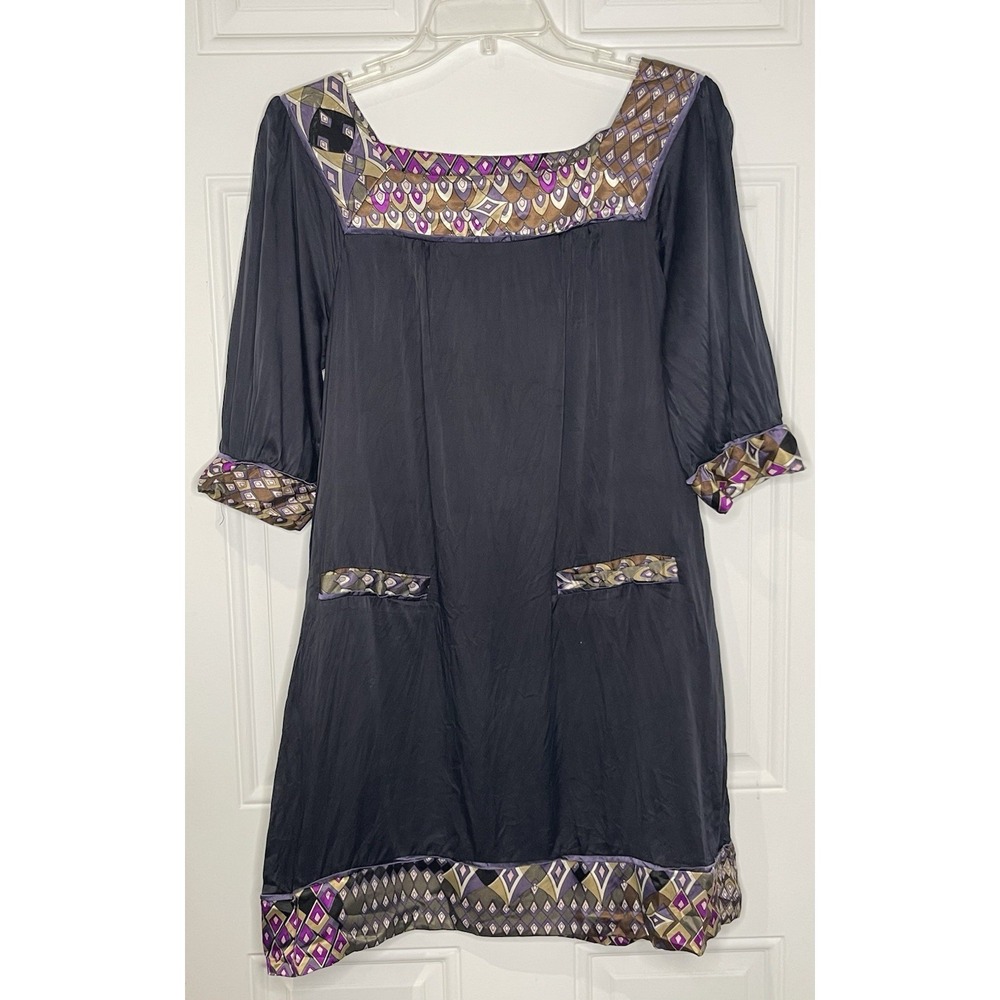 Akira Chicago Black Label Women's Large Mini Shift Dress 100% Silk 3/4 Sleeves